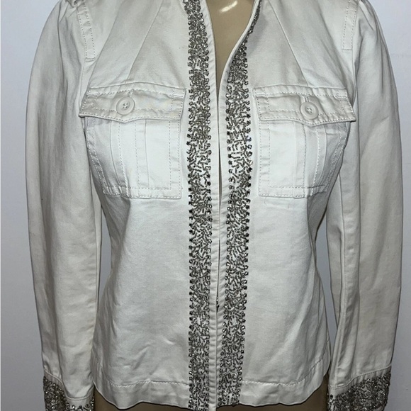 J.Crew ivory cotton stretch rhinestones beaded casual jacket size petite small - Picture 1 of 6